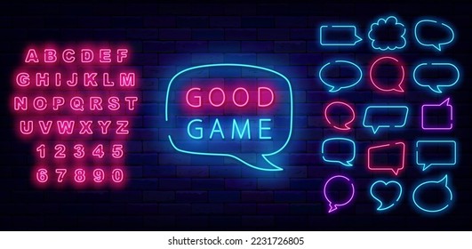 Good game neon sign. Speech bubble frames set. Lose concept. Luminous pink font. Glowing advertising. Game design. Virtual reality concept. Shiny banner. Vector stock illustration