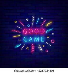 Good game neon signboard. Colorful confetti frame. Simple inscription. Glowing advertising. Game design. Virtual reality concept. Shiny banner. Vector stock illustration