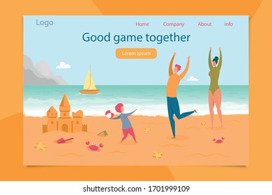 Good Game Together for Happy Family on Sea Beach or River Band Landing Page. Parent and Child Son Playing Ball and Having Fun on Summer Resort. Travel and Active Rest. Vector Illustration