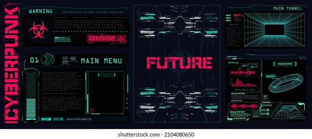 Gut für Spiel-UI. Abstrakte digitale Technologie Futuristische FUI, Virtual Interface. Titel und Rahmen im Sci-Fi-Stil. Balkenmarken, Info-Call-Box-Bars. Retrofuturistische Plakate mit HUD-Elementen