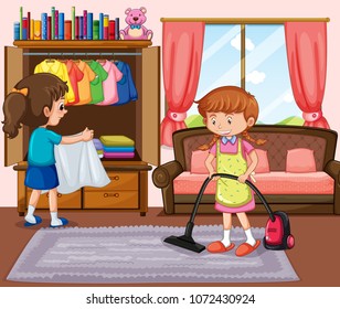 Good Girl Cleaning Living Room illustration