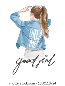 good girl slogan with ponytail girl in jacket illustration