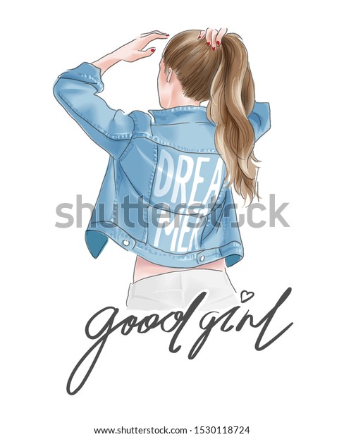 上着のイラストにポニーテールの女の子を持つ良い女の子のスローガン のベクター画像素材 ロイヤリティフリー