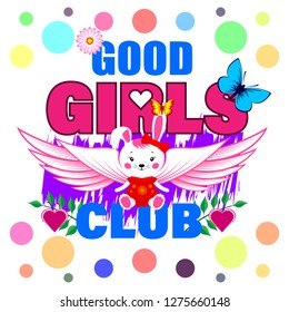 Good girls club slogan print shirt. Bunny with wings, Butterfly, hearts and flower. Abstract beautiful vector Illustration