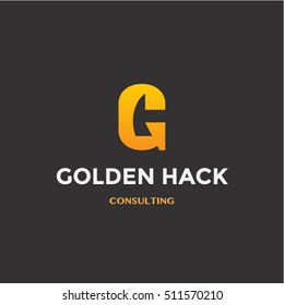 Good golden logotype template with G and a hack silhouette. Business logo idea for mining company.