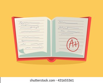 Good grade and excellent work. Examination notebook. Open notebook with good grade. Vector flat cartoon illustration