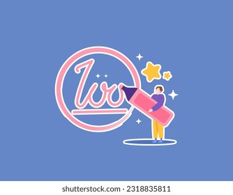 Good grades or scores. getting a 100 mark. Assessment, results, achievements, perfect scores. A male appraiser uses a highlighter pen to give or write grades. illustration concept design. vector