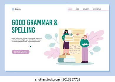 Good grammar and search of errors website banner mockup, flat vector illustration. Web page interface template for grammar editor with cartoon characters.