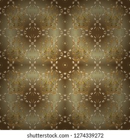Good for greeting card for birthday, invitation or banner. Decorative symmetry arabesque. Seamless medieval floral royal pattern. Gold on brown and beige colors. Vector illustration.