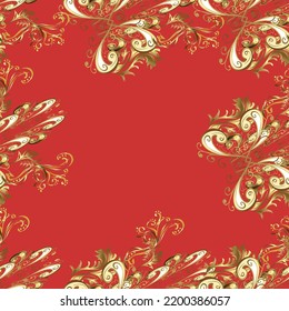Good for greeting card for birthday, invitation or banner. Vector illustration. Seamless medieval floral royal pattern. Gold on brown, beige and orange colors. Decorative symmetry arabesque.