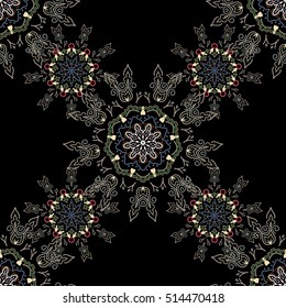 Good for greeting card for birthday, invitation or banner. Medieval floral royal pattern. Decorative symmetry arabesque. Vector design. Neutral, green and beige seamless pattern on a black background.