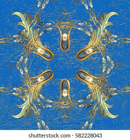 Good for greeting card for birthday, invitation or banner. Vector illustration. Pattern medieval floral royal pattern. Decorative symmetry arabesque. Gold on blue background.