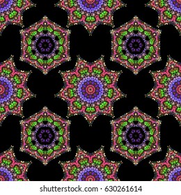 Good for greeting card for birthday, invitation or banner. Decorative symmetry arabesque. Vector illustration. Medieval doodle royal pattern. Multicolor seamless pattern on a black background.