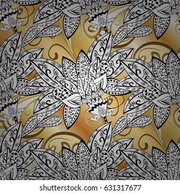 Good for greeting card for birthday, invitation or banner. Decorative symmetry arabesque. Vector illustration. Ornamental pattern medieval floral royal pattern. Gold on yellow stripe background.