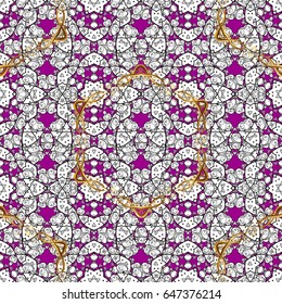 Good for greeting card for birthday, invitation or banner. Gold on magenta background. Seamless pattern medieval floral royal pattern. Vector illustration. Decorative symmetry arabesque.