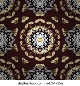 Good for greeting card for birthday, invitation or banner. Seamless pattern medieval floral royal pattern. Decorative symmetry arabesque. Vector illustration. Gold on brown background.