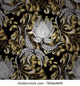 Good for greeting card for birthday, invitation or banner. Gold on colors. Seamless pattern medieval floral royal pattern. Vector illustration. Decorative symmetry arabesque.
