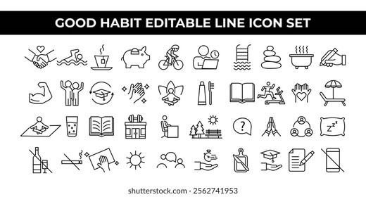 Good Habit Icon Set featuring editable line icons of healthy habits, fitness, mindfulness, and positive behaviors. Perfect for wellness apps, self-improvement campaigns, and educational designs.