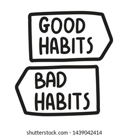 Good habits or bad habits. Vector icons, badges illustration on white background.