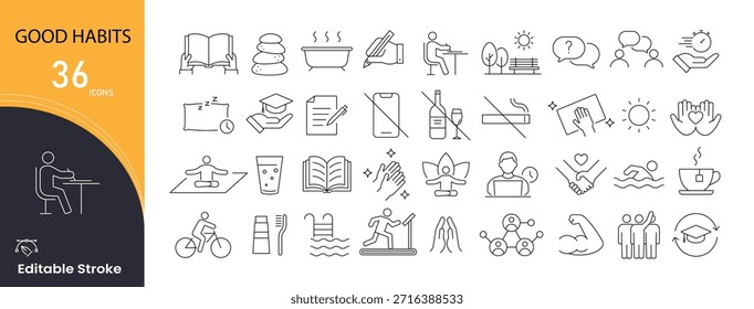 Conjunto de iconos de buenos hábitos. Incluye íconos para una rutina saludable, auto-mejora, estilo de vida positivo y hábitos diarios. Perfecto para la motivación, el bienestar y el crecimiento personal. Trazo editable.