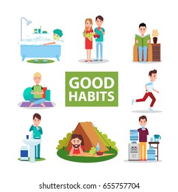 Good habits vector illustrations with people who eat natural food, go jogging, meditate, read books, maintain hygiene, relax on nature, drink water.