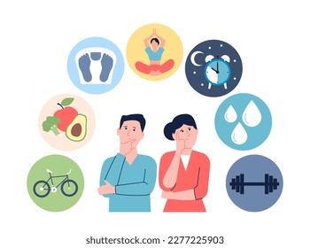 Good habits, walk, sleep good and meditation. Healthcare lifestyle, fresh food and gym training. Male female think and choose health, recent vector concept