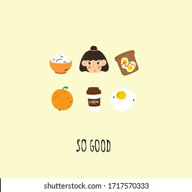 So good. Hand drawn doodle pre made food and drink logo in cartoon style and flat design. 