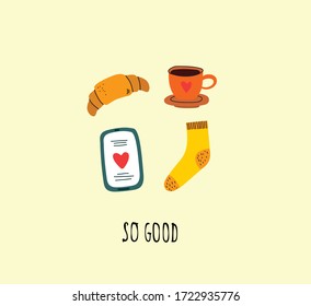 So good. Hand drawn doodle pre made food and drink logo in cartoon style and flat design.