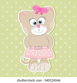Good happy cute cat. Greeting card.Green background