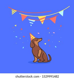 Good happy dachshund. Birthday card with dog. Cartoon vector illustration for nursery, kids apparel, poster, postcard, pattern.