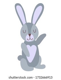 Good hare cartoon hand drawn vector illustration in flat style. Can be used for printing on t-shirts, children s clothing, children s invitation cards. Beautiful gray rabbit in scandinavian style.