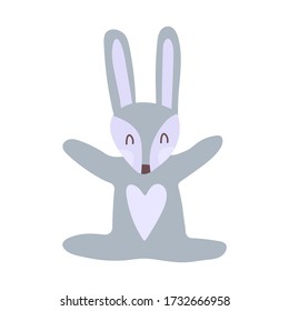 Good hare cartoon hand drawn vector illustration in flat style. Can be used for printing on t-shirts, children s clothing, children s invitation cards. Beautiful gray rabbit in scandinavian style.