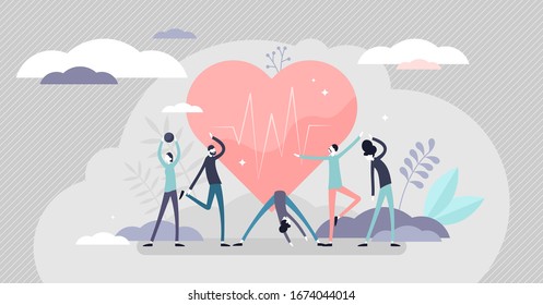 Good health concept, flat tiny persons vector illustration. Active lifestyle with exercise workouts and healthy diet. Abstract heartbeat wellness symbol. Strong immunity and protection from illnesses.