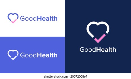 Plantilla de diseño del logotipo de buen estado. Concepto de logotipo vectorial para la Compañía de Salud, Bienestar y Fitness. Plantilla de promoción de marca multipropósito con logotipo Heart and Check Mark.