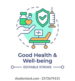 Good health and well being multi color concept icon. Pharmaceutical treatment, medicine. Round shape line illustration. Abstract idea. Graphic design. Easy to use in infographic, presentation