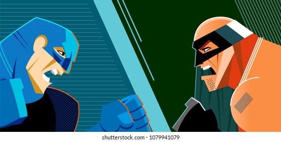 Good heroes versus evil heroes. Superheroes group. Vector illustration