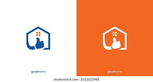 Buen Logo De Casa. Casa, casa y pulgar con estilo minimalista. Logotipo de Good Rent, ícono, símbolo, Vector, Inspiración de diseño.