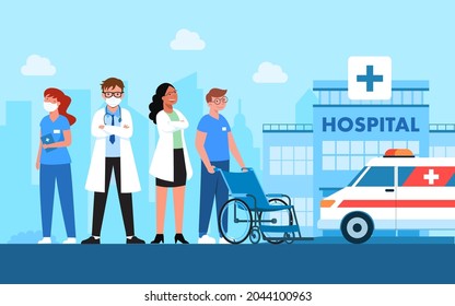 Un buen hospital tendrá un claro sistema de servicios de procedimiento y normas de salud pública. Hay un personal de servicios, información y médicos especialistas. Ilustración del vector del concepto de servicio hospitalario