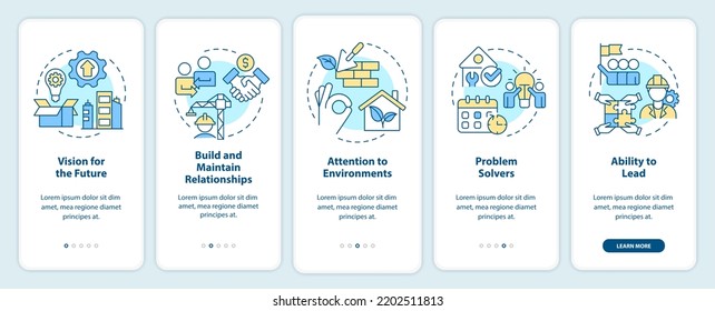 Good housing developer characteristics onboarding mobile app screen. Walkthrough 5 steps editable graphic instructions with linear concepts. UI, UX, GUI template. Myriad Pro-Bold, Regular fonts used