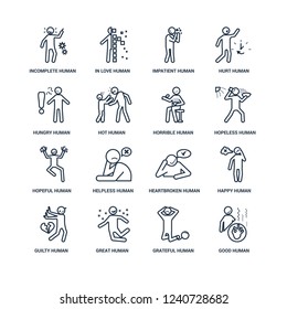 good human, grateful great guilty happy incomplete hungry hopeful horrible human outline vector icons from 16 set