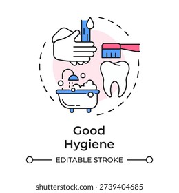 Good hygiene multi color concept icon. Selfcare routines, washing hands. Brushing teeth. Round shape line illustration. Abstract idea. Graphic design. Easy to use in presentation, booklet