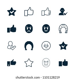 Good icon. collection of 16 good filled and outline icons such as like, star, horseshoe, thumbs up, user and tick, angry emot. editable good icons for web and mobile.