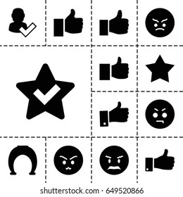 Good icon. set of 13 filled good icons such as angry emoticon, thumb up, star, user and tick, like
