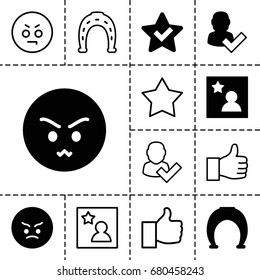Good icon. set of 13 filled and outline good icons such as angry emot, favorite photo, horseshoe, user and tick, star, thumbs up, horseshoe