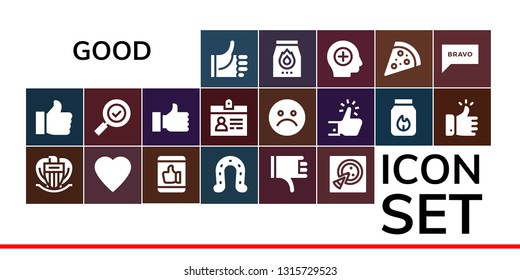 good icon set. 19 filled good icons.  Simple modern icons about  - Thumbs up, Like, Nice, Horseshoe, Thumbs down, Pizza, Check mark, Thumb up, Accreditation, Unhappy, Charcoal