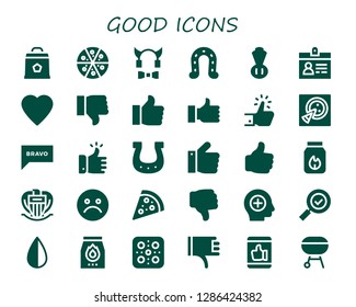  good icon set. 30 filled good icons. Simple modern icons about  - Charcoal, Pizza, Devil, Horseshoe, Chives, Accreditation, Like, Dislike, Thumb up, Bravo, Thumbs up, Nice, Unhappy