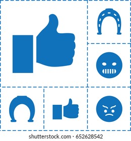 Good icon. set of 6 good filled icons such as horseshoe, angry emot, thumb up, like
