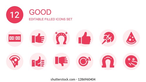 good icon set. Collection of 12 filled good icons included Score, Like, Horseshoe, Pizza, Dislike, Liar