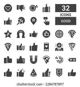 good icon set. Collection of 32 filled good icons included Like, Verified, Thumbs up, Pizza, Likes, Horseshoe, Positive, Favourite, Dislike