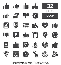 good icon set. Collection of 32 filled good icons included Pizza, Like, Likes, Liar, Favourite, Horseshoe, Dislike, Satisfaction, Verified, Score, Thumbs up